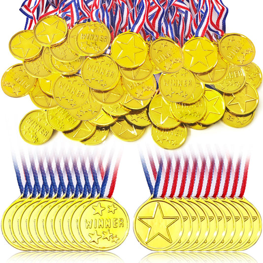 Jizvxe 50 Pieces Plastic Gold Winner Award Medals,Ribbon Necklaces Award Medals,Bulk Gold Competition Medal for Sports,Rewards,Games,Party Favors,Talent Show