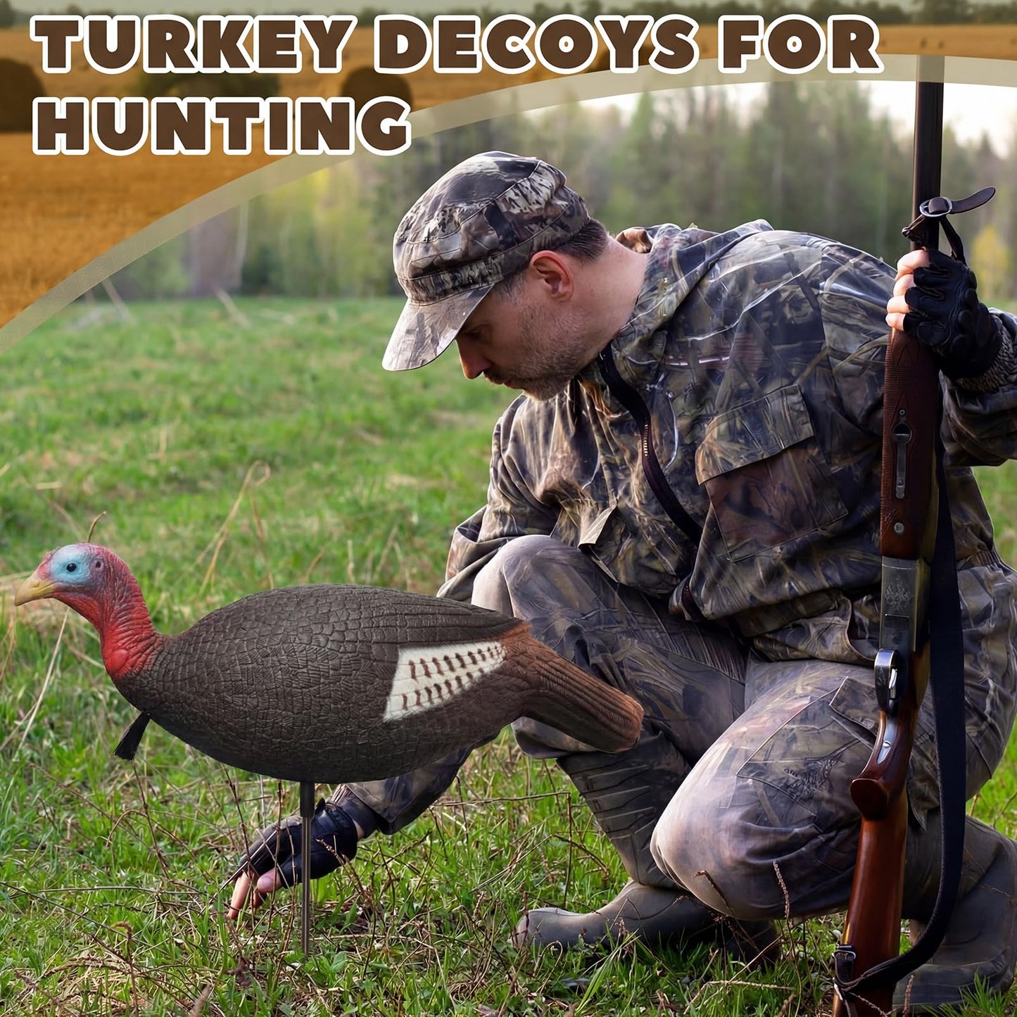 Poen 3 Pack Turkey Decoys Collapsible Hunting Combo Decoy Standing Lifelike Turkey Decoys Realistic Hunting Hen and Jake Decoy with Foldable Stake for Field Forest Wood Ground Outdoor