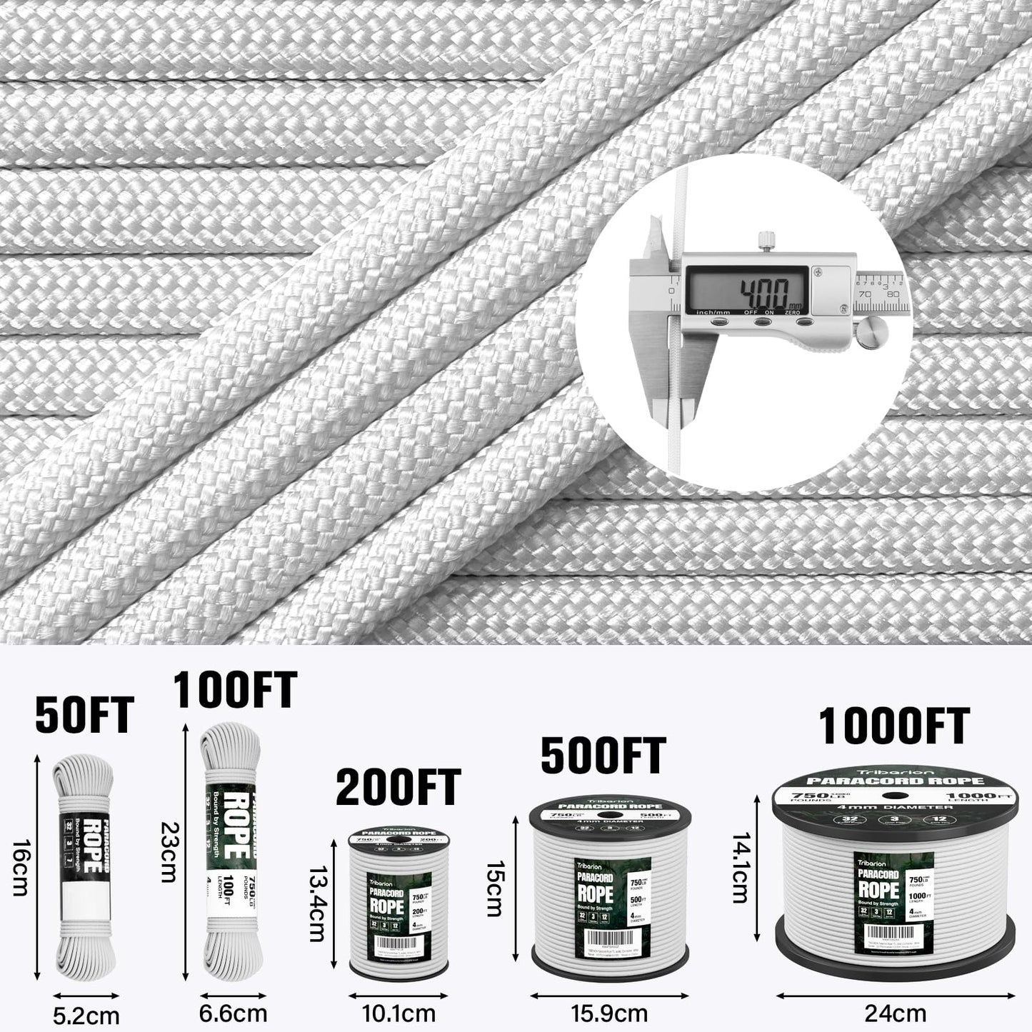 TRIBERION Paracord Rope 750 lb - 200ft 5/32" Parachute Cord 4MM 12-Strand para Cord - Heavy Duty Spool String for Survival,Camping Gear, Survival Bracelet, Clothesline - White