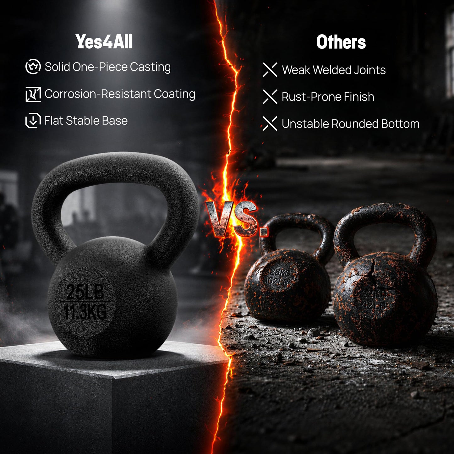 Yes4All Cast Iron Kettlebell, 5-80 Lb Built to Last One-Piece Design, Comfortable 1–2 Hand Grip for Swings, Squats, Deadlifts & Snatches, Stable Flat Base, Single & Pair - 50LB, Single