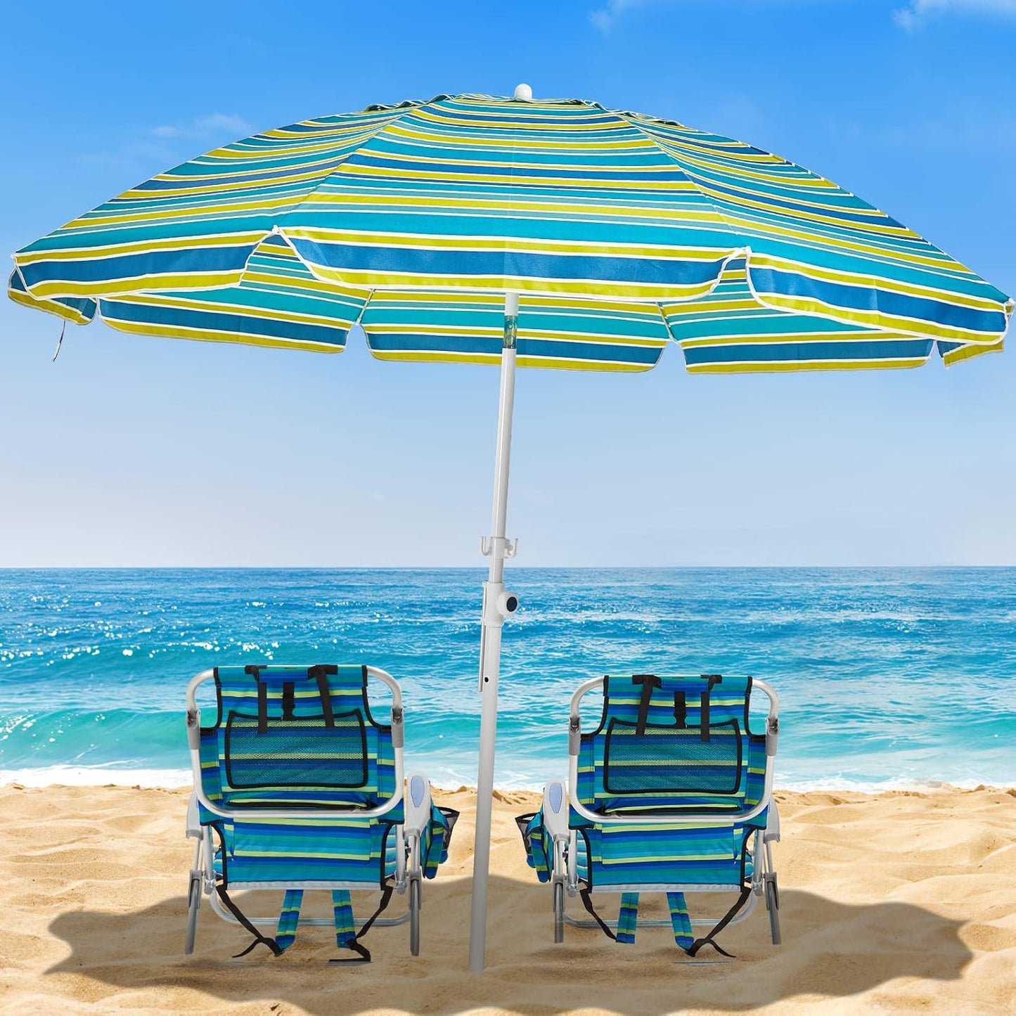 2 Pack Lightweight Portable Camping Beach Chair for Adults, Outdoor Lay Flat Folding Beach Chairs with 5 Positions, Backpack Beach Chair with Towel Bar, Zipper Pouch, Cup Holder, Ocean Striped