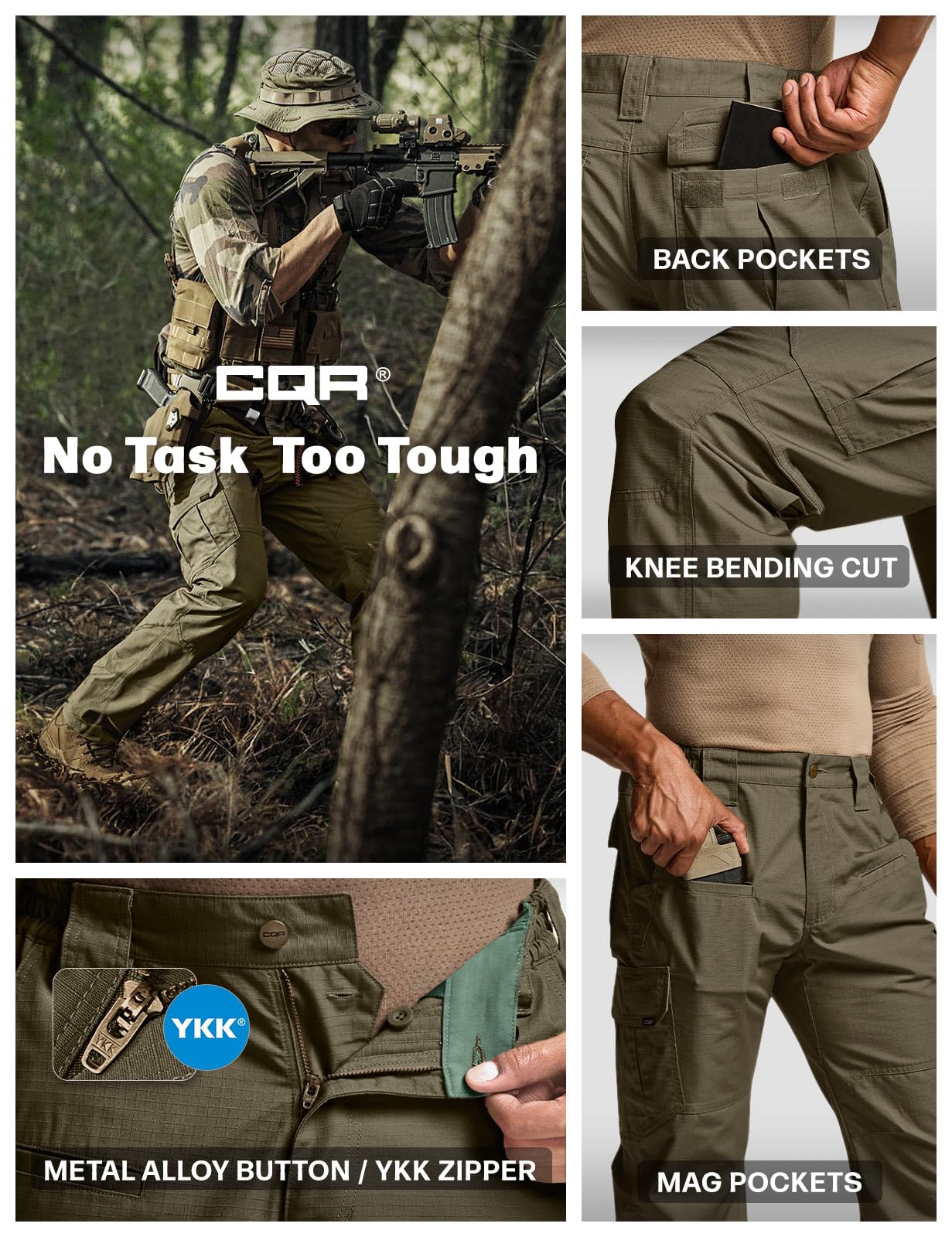 CQR Men's Tactical Pants, Water Resistant Ripstop Cargo Pants, Lightweight EDC Work Hiking Pants, Outdoor Apparel, Raider Soil Green, 32W x 34L