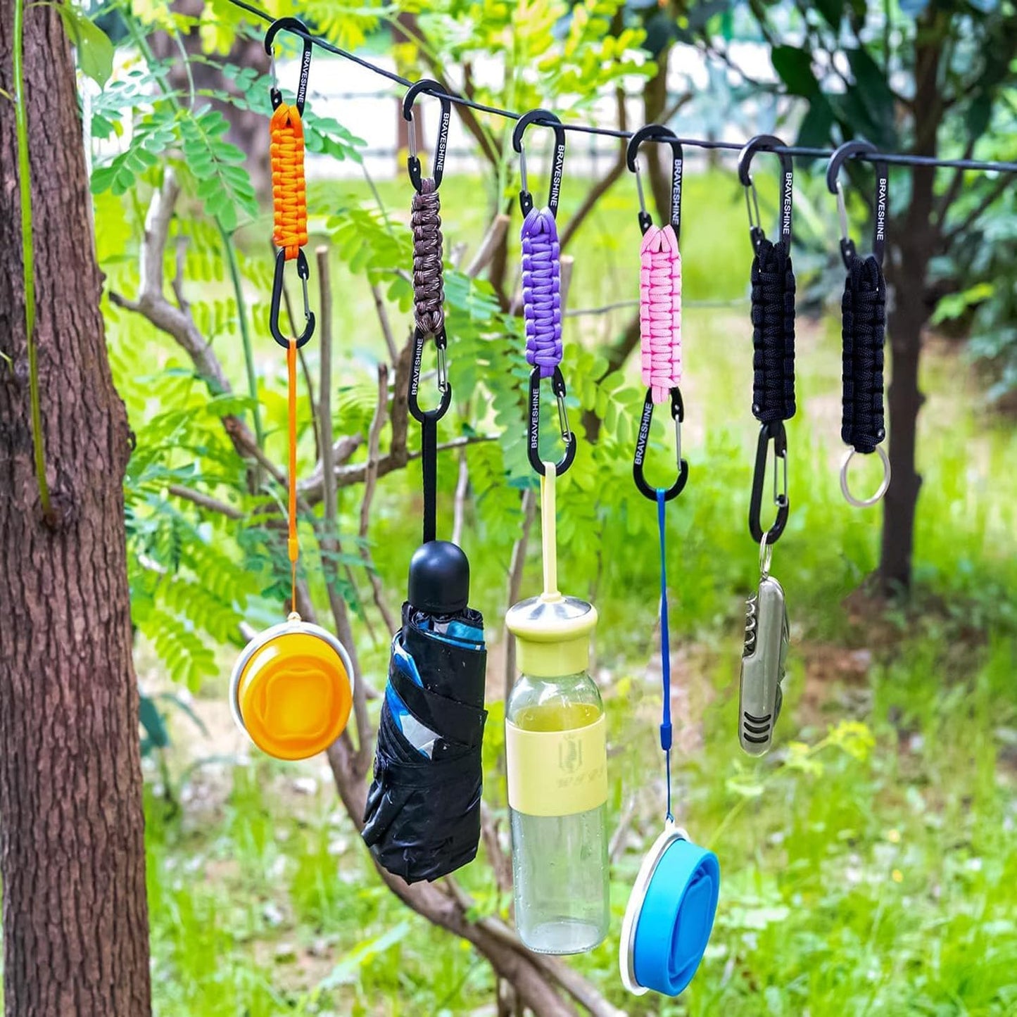 BRAVESHINE Carabiner Keychain Hook with Paracord Strap - 1 Purple 1 Orange D Ring Key Clips Para Cord Lanyard Hanger Stroller Hooks for Water Bottle, Belt Loop Keys, Backpacks, Boys, Girls, Men, Women