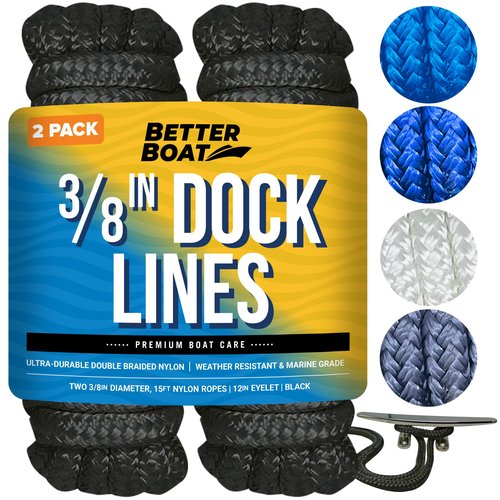 Dock Lines Boat Ropes for Docking, 3/8" Double Braided Mooring Marine Rope, 15ft Nylon Rope with Loop, Black, 2 Pack