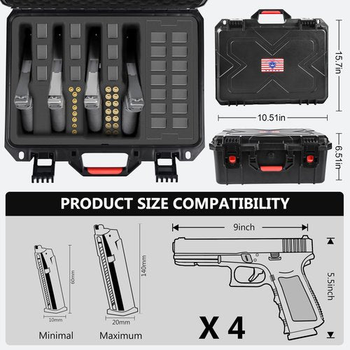 Kinghardcase Gun Cases for Handguns,4 Pistol Case & 23 Magazine Pre-Cut Multiple Pistols Shockproof Waterproof Hard Pistol Cases with Desiccant TSA Approved Firearm Travel Case