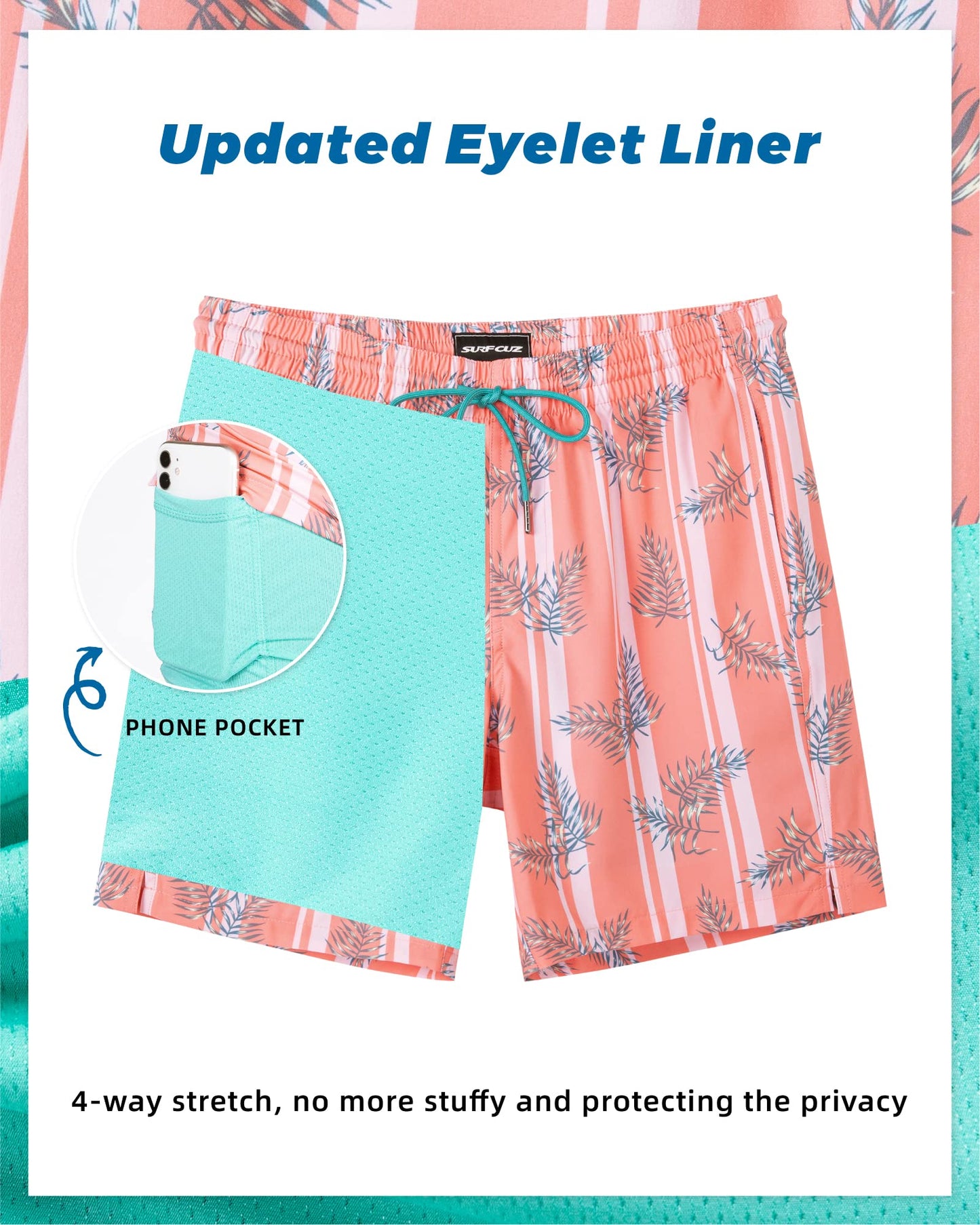 SURF CUZ Mens Swim Trunks with Compression Liner Quick Dry Swim Shorts 7" Swimming Trunks Stretch Zipper Pockets Orange Striped Leaves Small