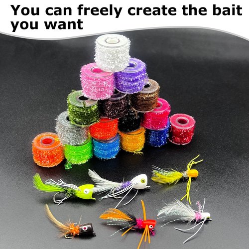GEBDMA Crystal Flash Chenille Fly Tying Materials 16 Colors Fly Tying Tinsel Sparkling Chenille Lines for Fly Patterns and Crappie Jig Making Supplies