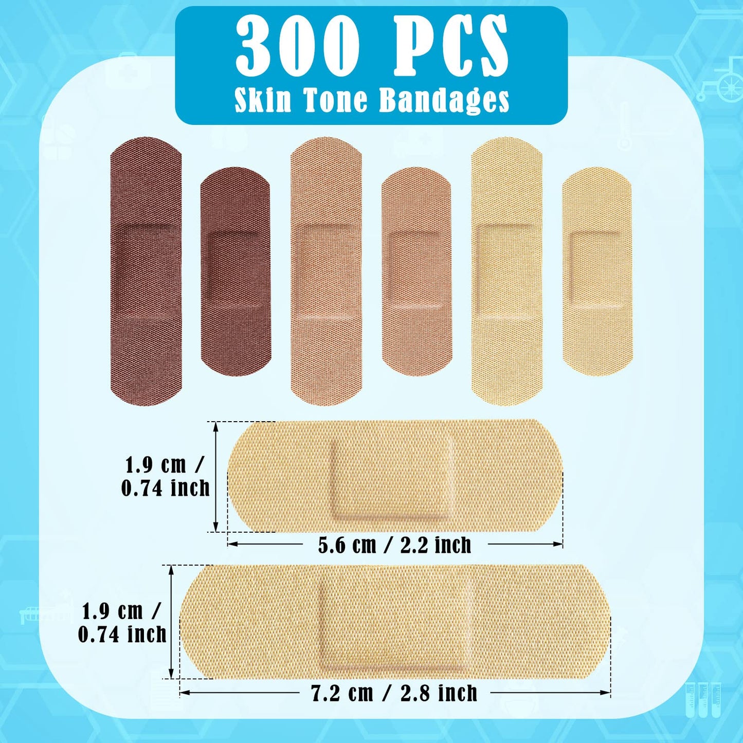 Yinder 300 Pcs Skin Tone Bandages Shade Flexible Fabric Adhesive Bandages Pack for First Aid Protect Cuts Scrapes Scratches, 2 Sizes(Colorful)