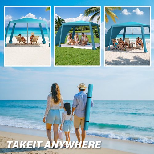 Beach Cabana-6.6x6.6?™Beach Canopy with Side Wall,Portable Umbrella Tent with Sand Pockets for Family & Friends,Easy Up Beach Sun Shelter for Outdoor Patios,Backyards,and Camping,Blue