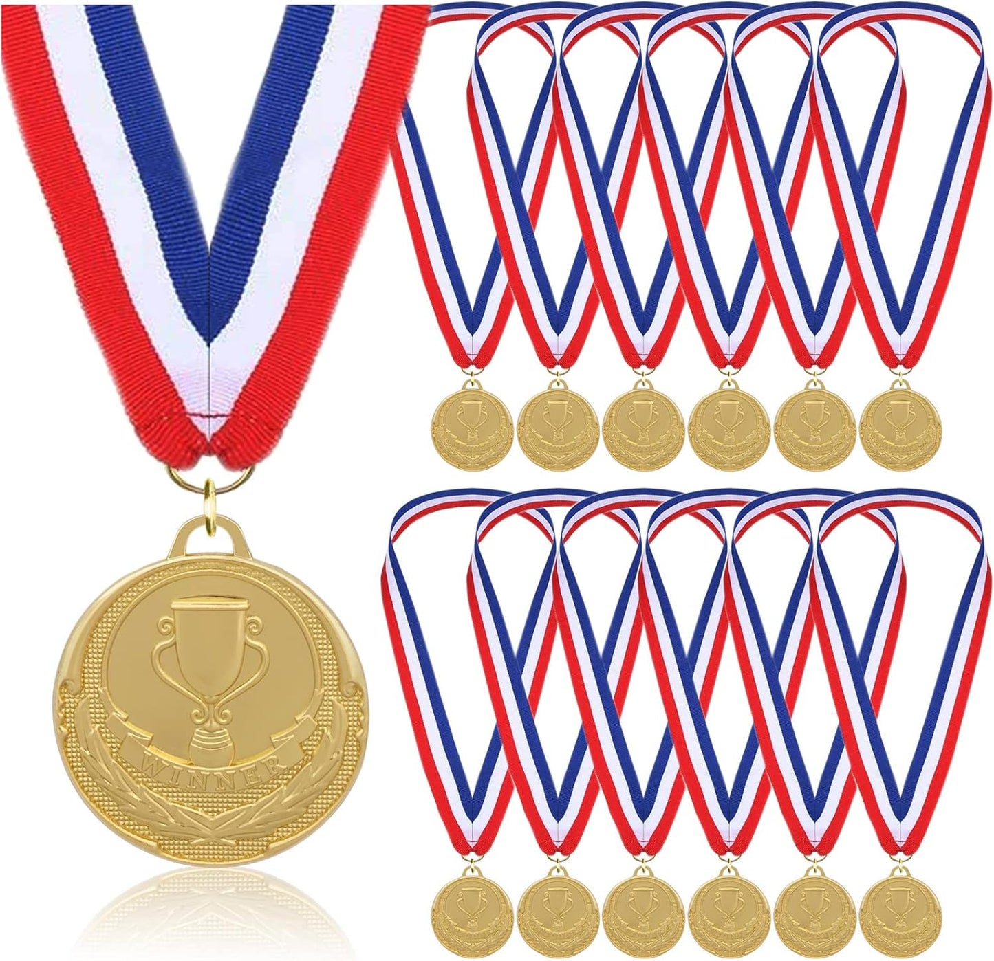 12 Pieces Gold Medals for Awards - Winner Medal Metal with Neck Ribbon Prizes for Kids, Adults, Sports Day, Spelling Bees, Competitions, Party, 2 Inches