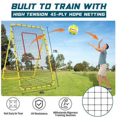 5-Angle Adjustable Volleyball Rebounder Net 7x4ft, Durable & Portable Bounce Back Training Equipment for Practicing Volleying Bumping Spiking with High-Tension Net, PU Volleyball, Pump, Stakes