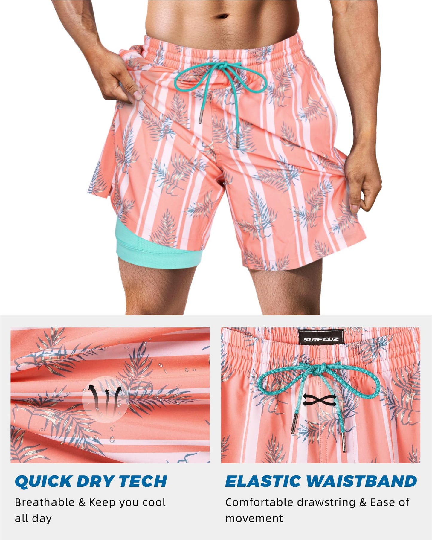 SURF CUZ Mens Swim Trunks with Compression Liner Quick Dry Swim Shorts 7" Swimming Trunks Stretch Zipper Pockets Orange Striped Leaves X-Large