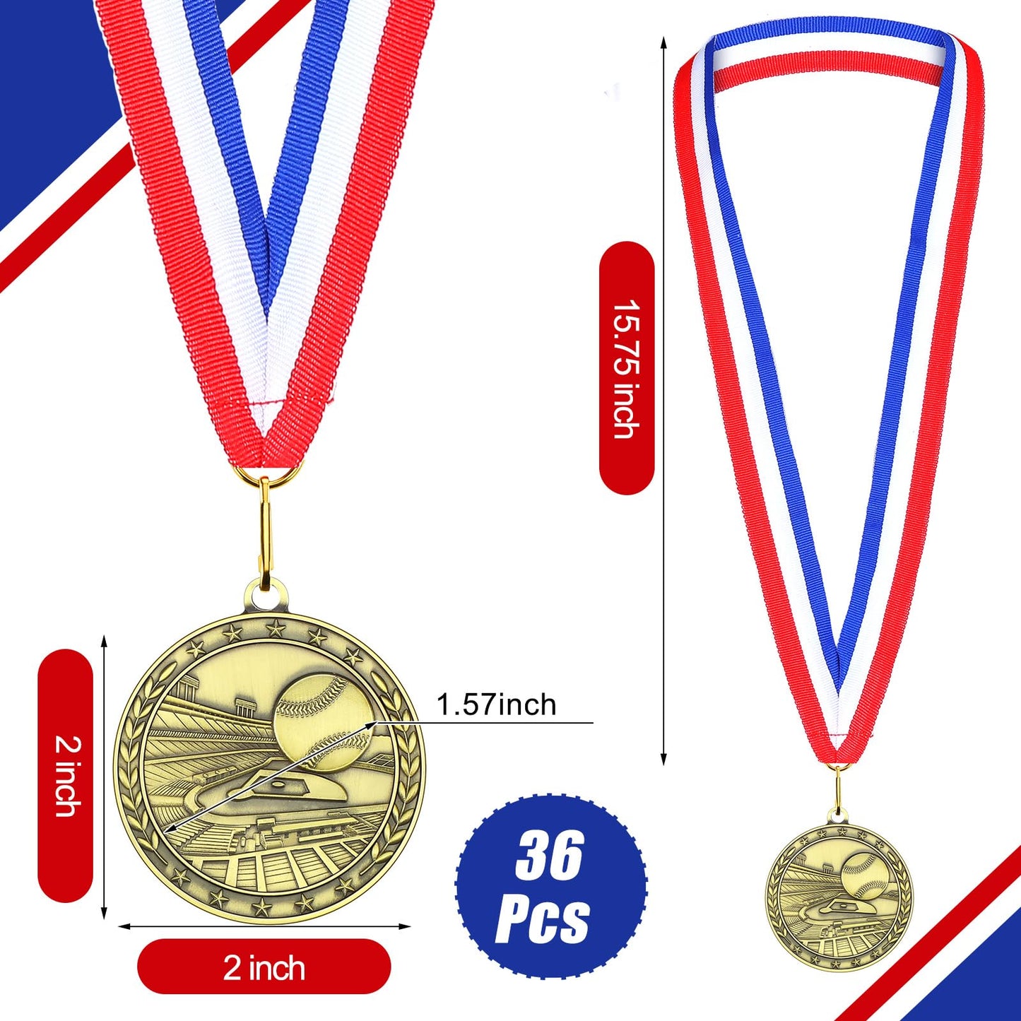 Equsion 36 Pcs 2'' Gold Medals Bulk Volleyball Football Basketball Soccer Baseball Archery Dink Ball Cheer Track Bowling Awards Medals with Ribbons for Sports Participation Winner Gift(Baseball)