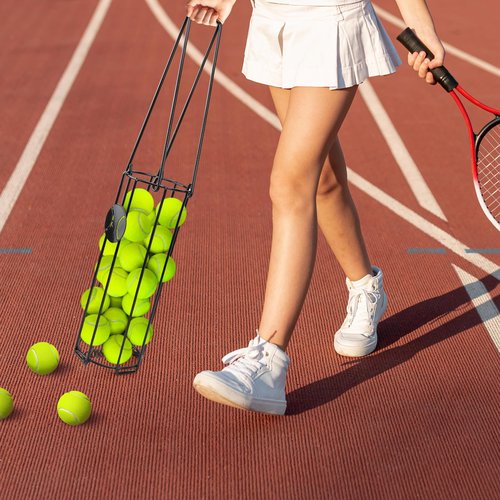 HolyMaji Cylindrical Tennis Ball Hopper Collector Pickleball Balls Retriever Basket Tennis Ball Picker Upper for Easy Picking and Storage Metal Container Holds 24 Tennis Balls Training Caddy (Black)