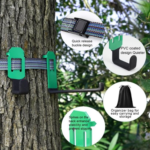 HNJXCAQYQ Tree Stand Strap Bow Hangers - Comes with 3 Metal Gear Hooks and 1bow Hanger Archery, for Tree Stand Platform Saddle Hunting Accessories-No Plastic Parts，Storage Bag Included