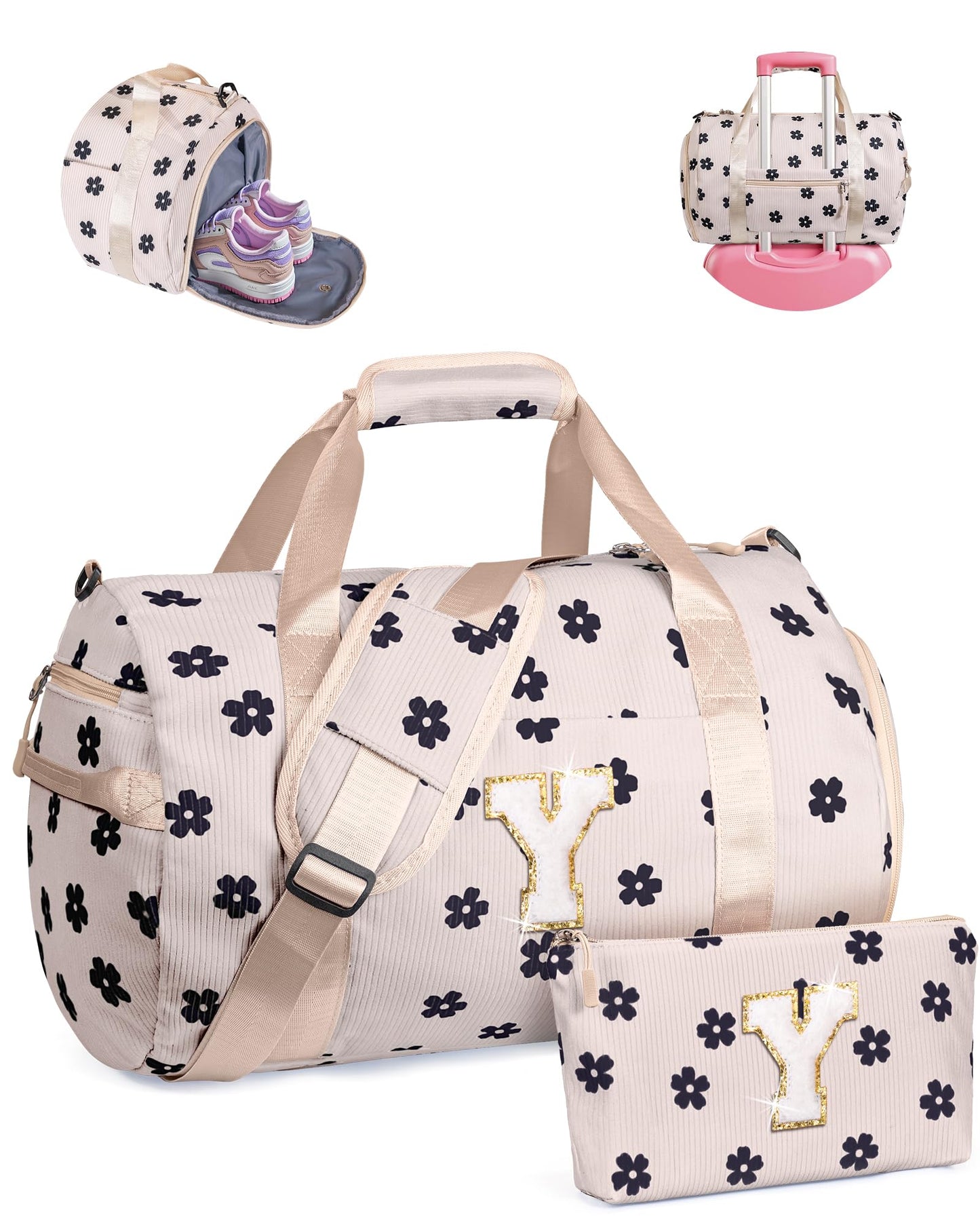 Vogewood Trip Essentials for Teenager, Girls Gym Bag, Kids Personalized Overnight Duffel Bags with Shoe Compartment, Customized Travel Duffle with Toiletry Bag, Sister Birthday Gifts (Letter Y)