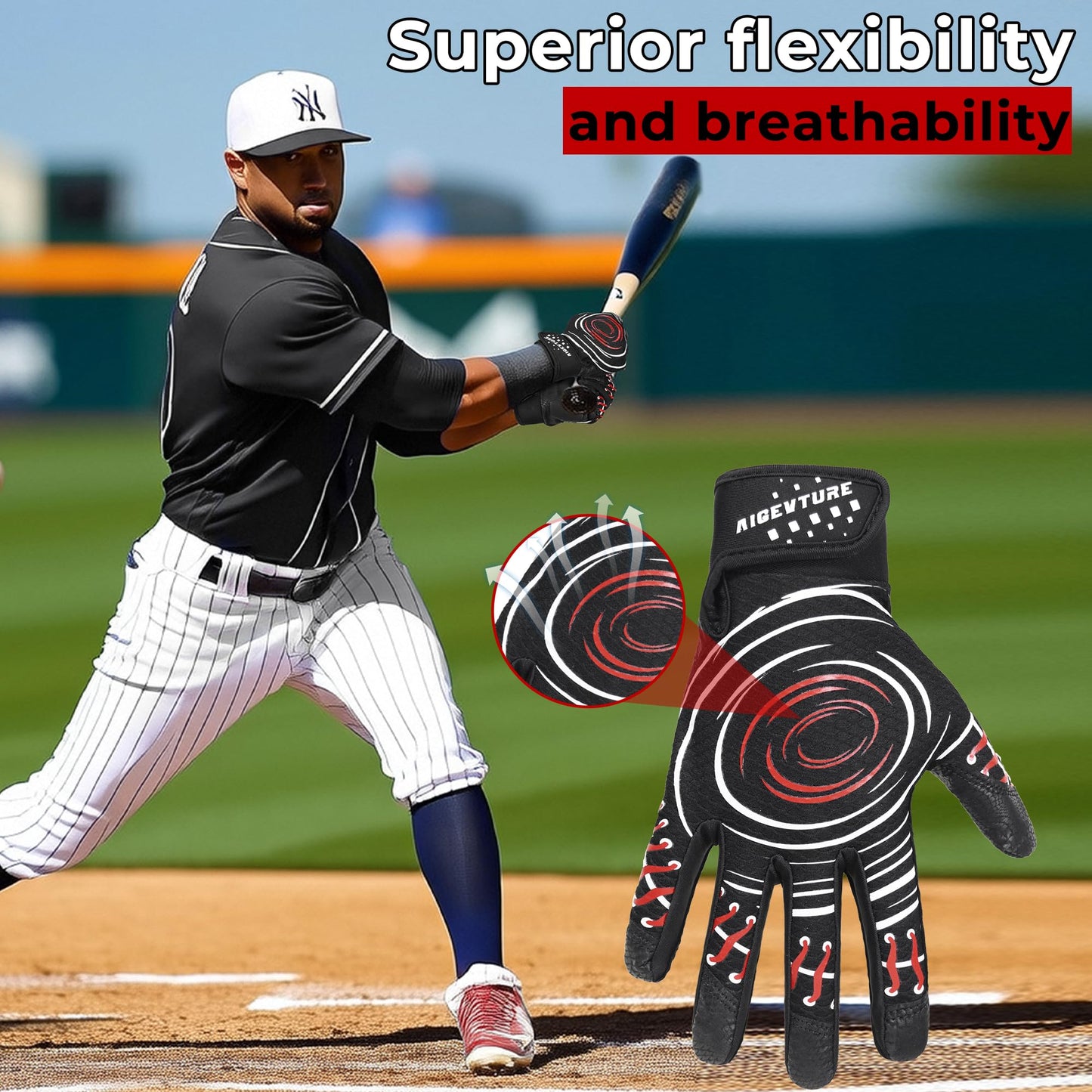 AIGEVTURE Baseball Bating Gloves Adult Youth Baseball Softball Batting Gloves Men Women Black Large