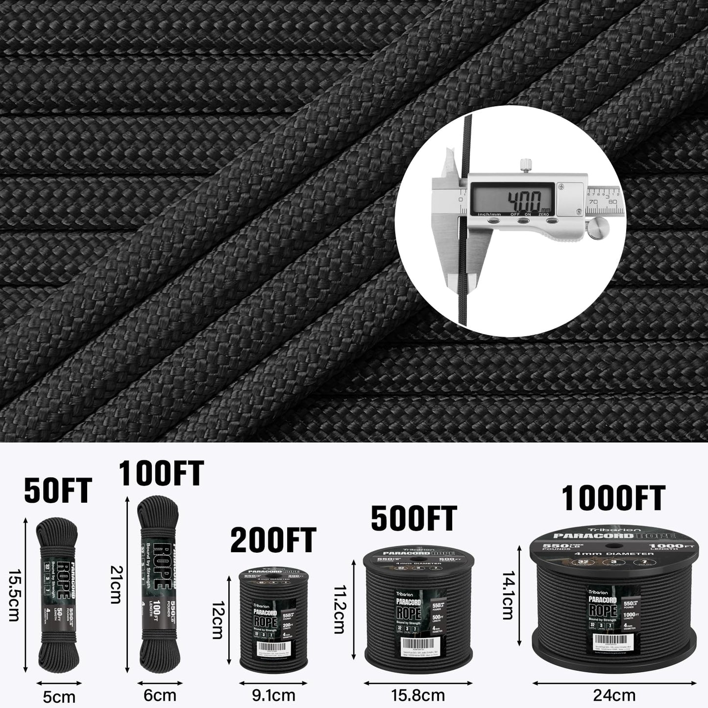 Paracord Rope 550 lb - 1000ft 5/32" Parachute Cord 4MM 7-Strand para Cord - Heavy Duty Spool String for Survival,Camping Gear, Survival Bracelet, Clothesline - Black