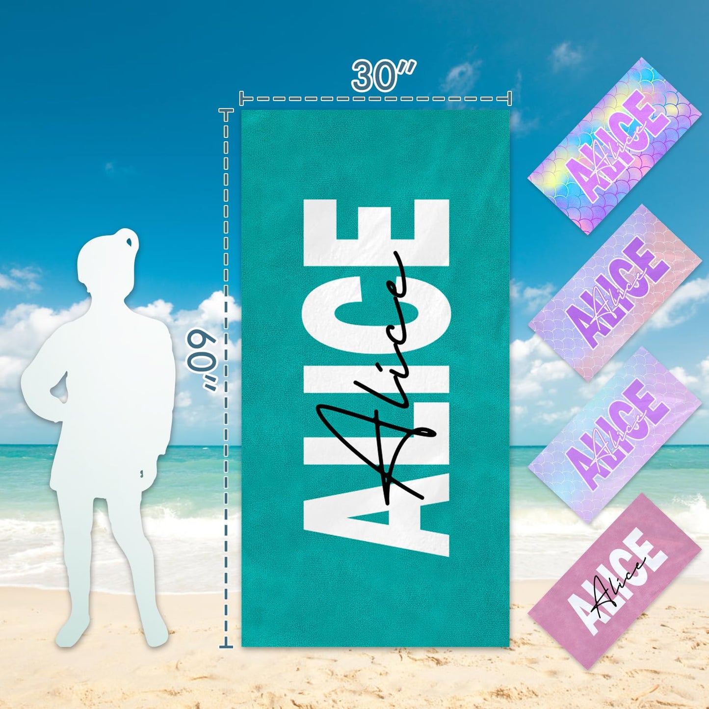 Dreamdecor Kids Personalized Beach Towel with Name, Striped Custom Beach Towels for Swimming Pool Vacation, Microfiber Sand Free Fast Drying Beach Towel - Easter Gift for Adults Women Men Kids