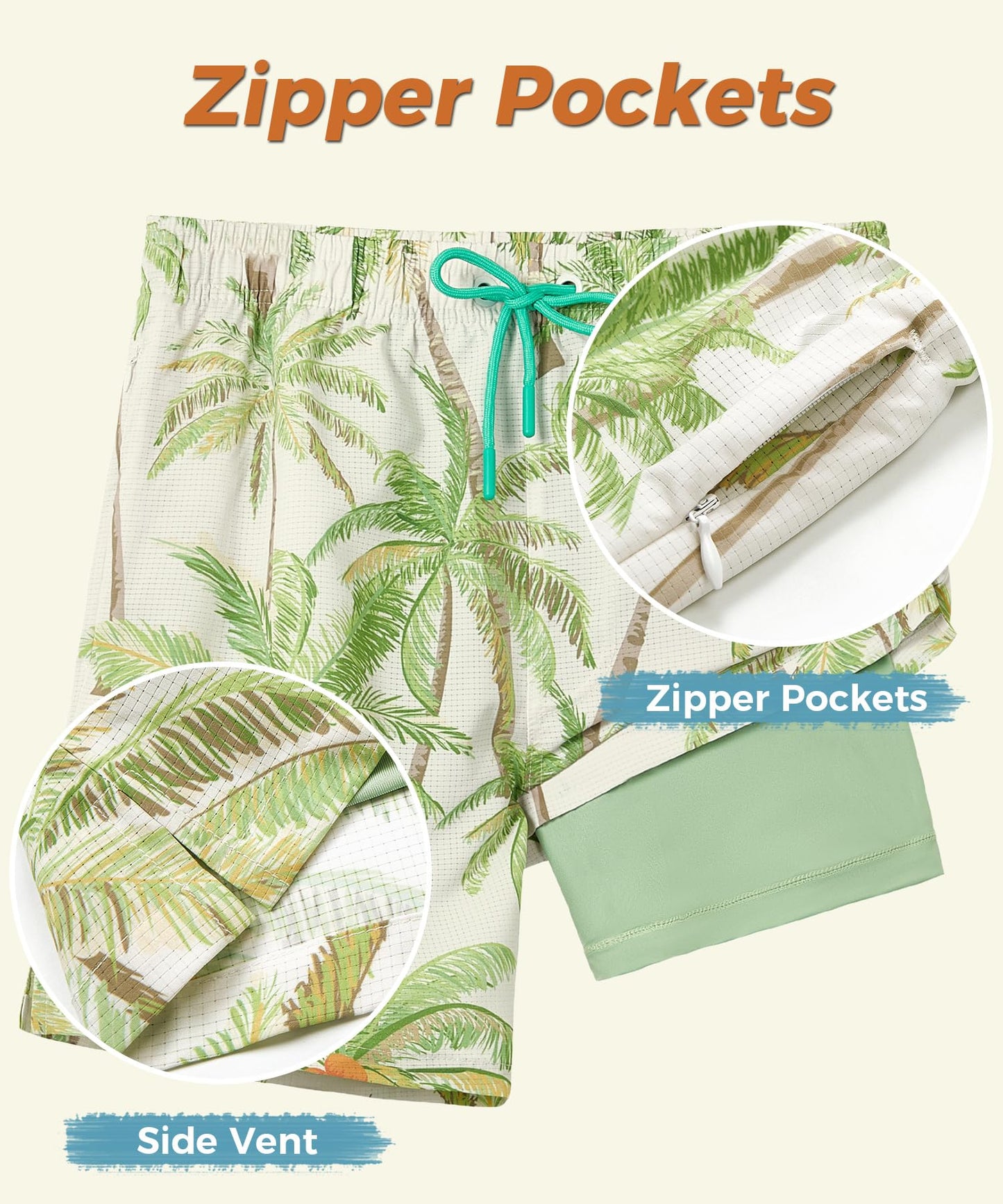 ELETOP Men's Swim Trunks with Compression Liner Bathing Suit Beach Board Shorts with Zipper Pockets Green Tree Beige L