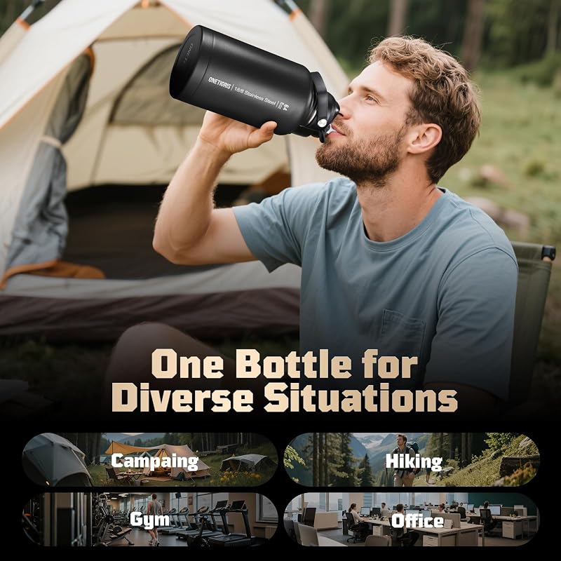 ONETIGRIS 64oz Tactical Insulated Water Bottle with 3 Lids & MOLLE Pouch - Black