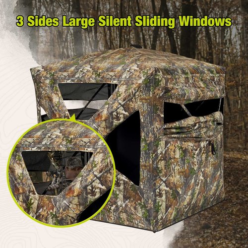 TIDEWE See Through Blind 270°with Silent Magnetic Door & Sliding Windows, 2-3 Person Pop Up Ground Blind with Carrying Bag, 300D Portable Resilient Tent(Camouflage)