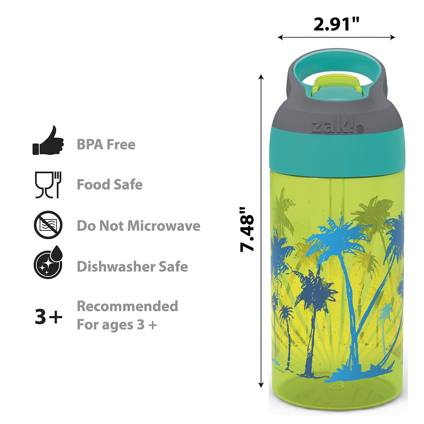 Zak Designs 16oz Riverside Beach Life Kids Water Bottle with Straw and Built in Carrying Loop Made of Durable Plastic, Leak-Proof Design for Travel, 2PK Set