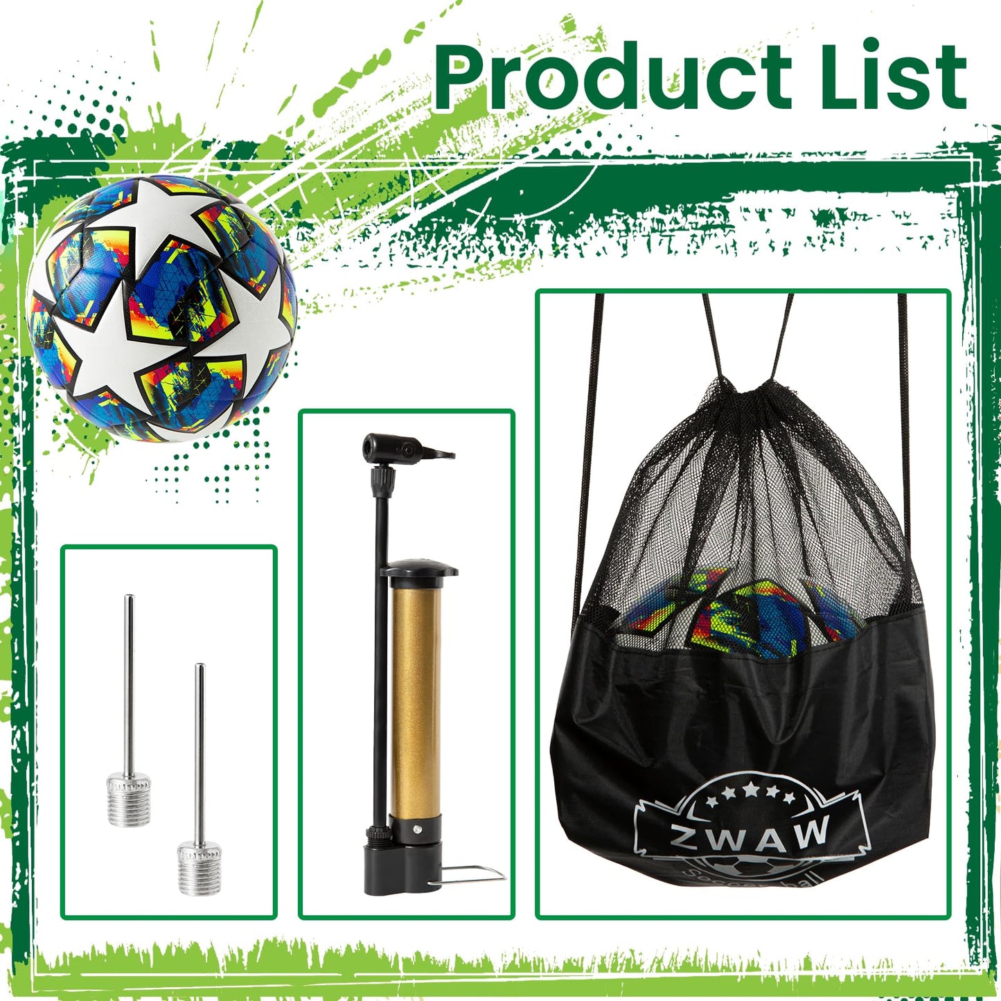 ZWAW Size 5 Soccer Ball, Waterproof PU Leather, Official Match Ball, with Pump & Needles