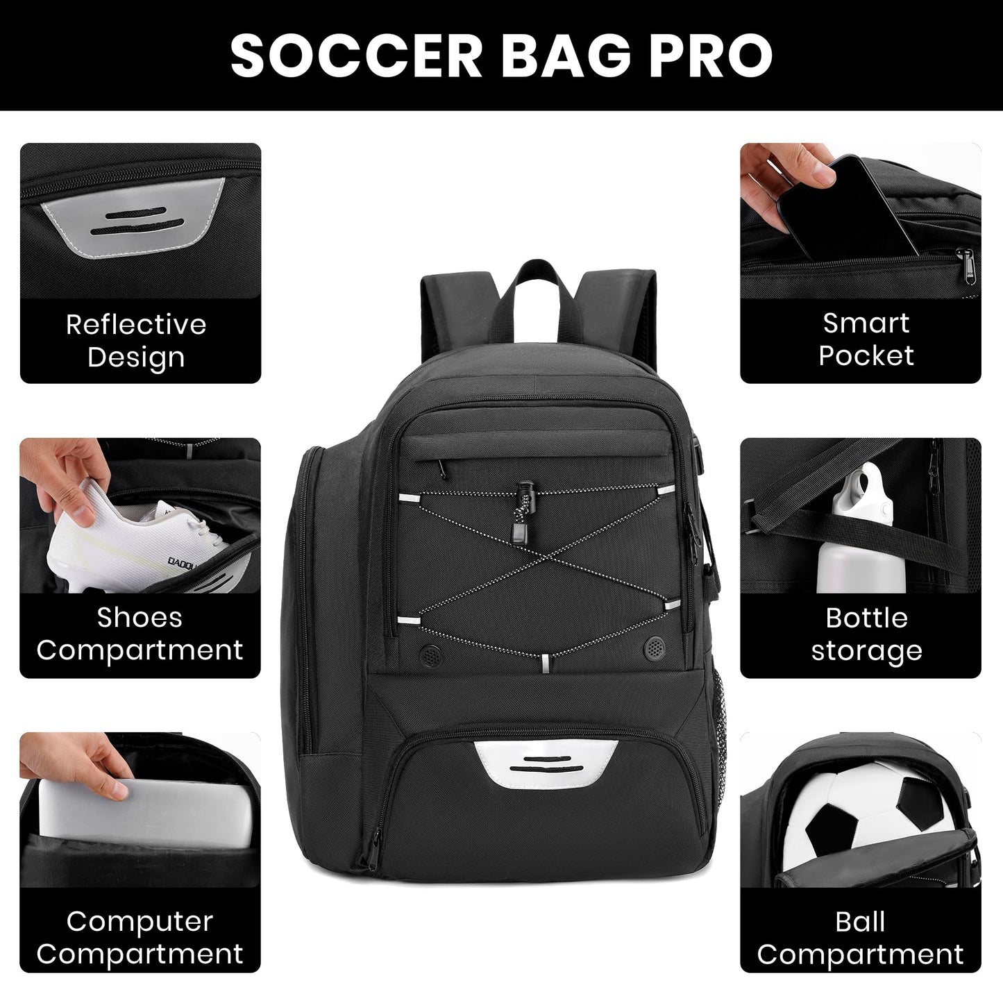 HMLIN OUTOOORS Soccer Backpack with Ball Holder,Youth soccer Bag for Basketball,Volleyball-Includes Separate Shoe Compartment&and Insulation (Black)