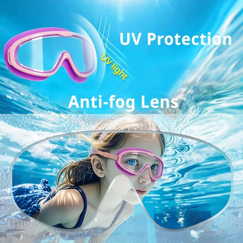 Pixel Panda 2 Pack Kids Swim Goggles with Fabric Strap for 6-14 Wide View Anti-Fog Anti-UV, No Leak No Hair Pulling Swimming Goggles Boys Girls Youth Pool Water Protection