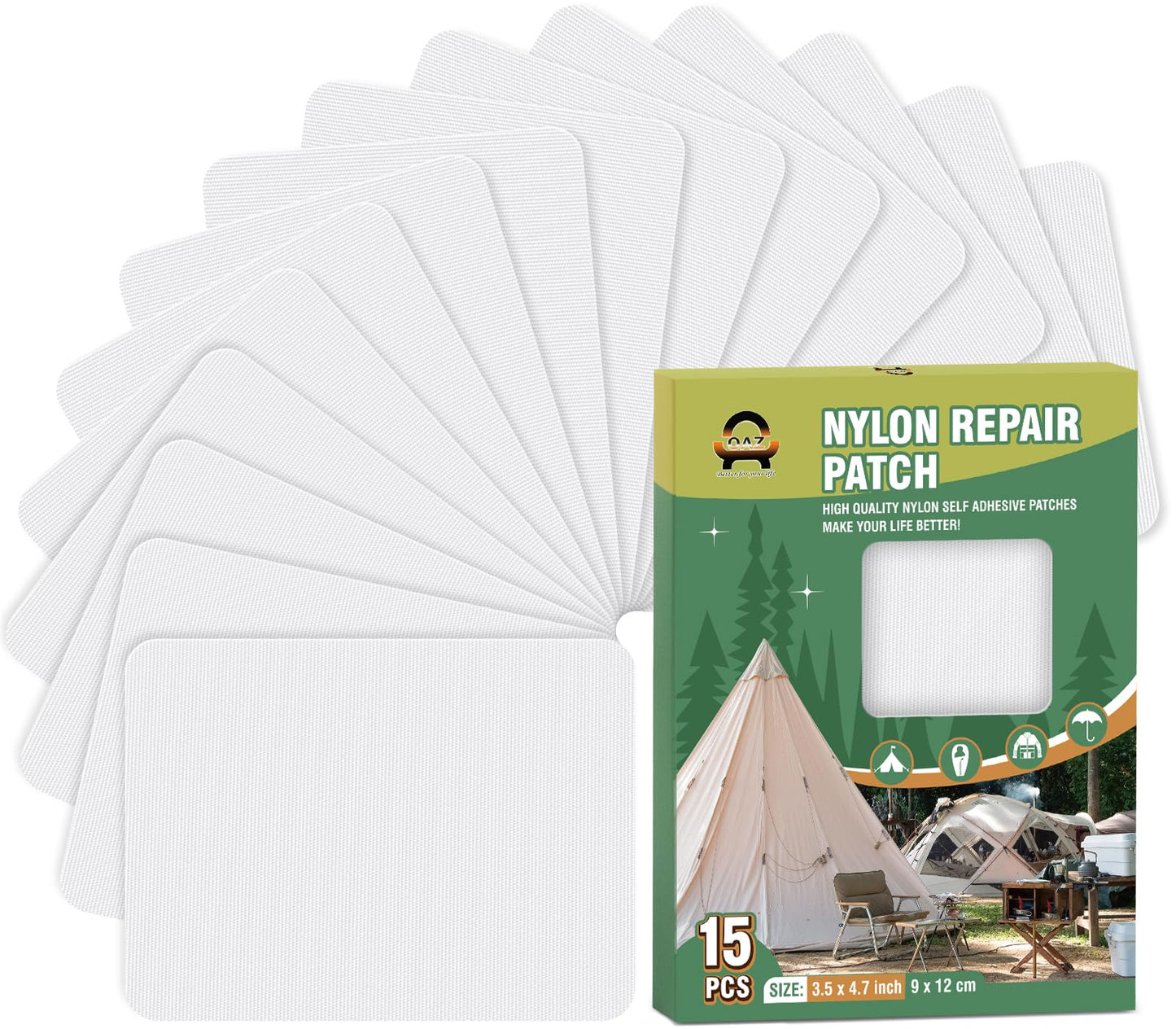 OAZ 15 Pieces 3.5 x 4.7 inch Nylon Repair Patches Nylon Fabric Patch Self-Adhesive Tent Repair Tape Waterproof Lightweight Repair Patches Repair Patch Kit for Clothing Down Jacket Bag (White)