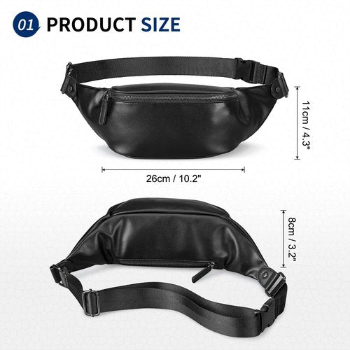 SUIKIHUM Soft Leather Fanny Pack for Women & Men, Crossbody Waist Pack with Adjustable Strap, Large Pocket, Sturdy Zippers, for Travel, Hiking, Running, Black