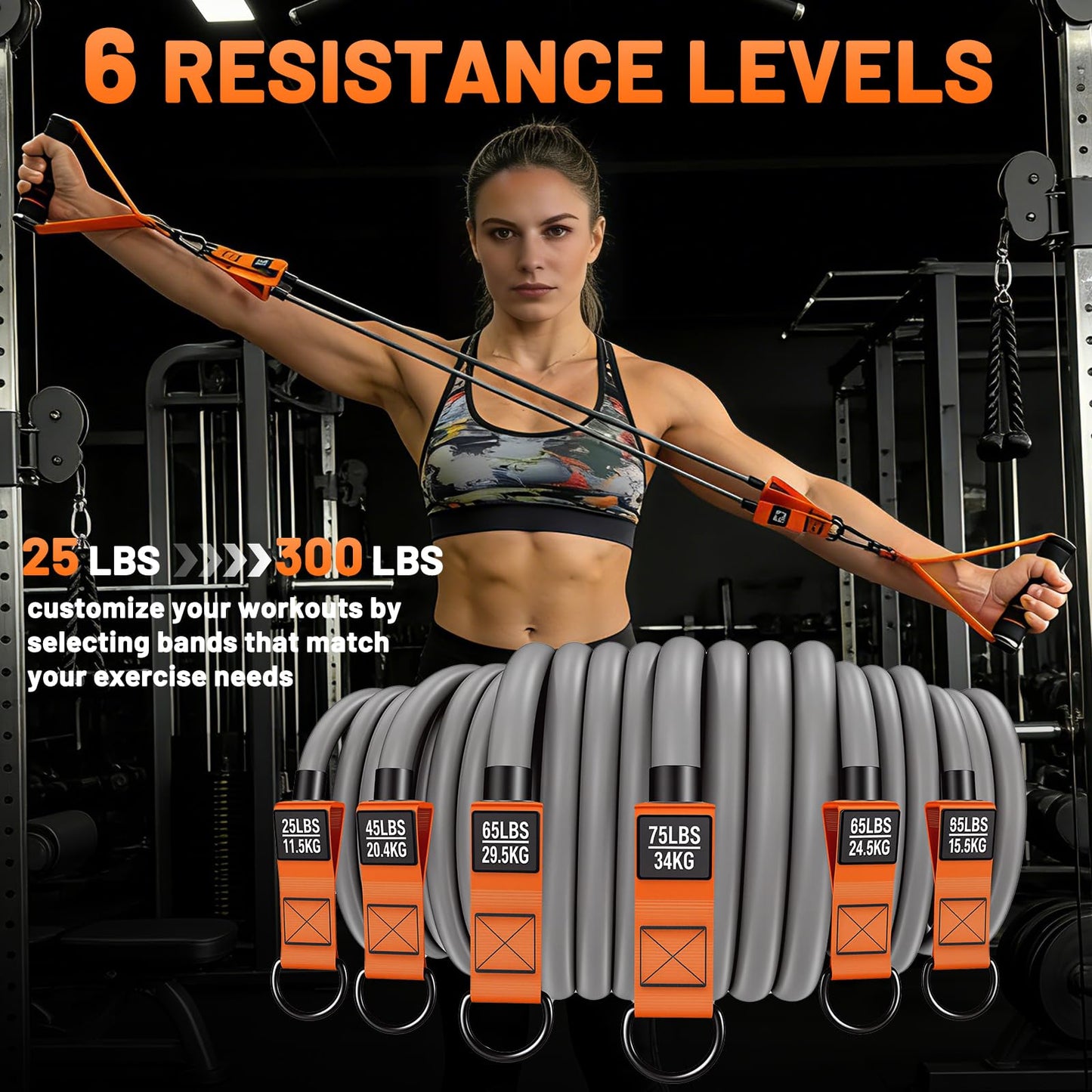Exercise Resistance Bands Set with Handles, Ankle Straps & Door Anchor – 300LBS Heavy Duty Bands for Home Gym, Muscle Training, Physical Therapy, Yoga, Full Body Workout for Men & Women (Orange Gray)
