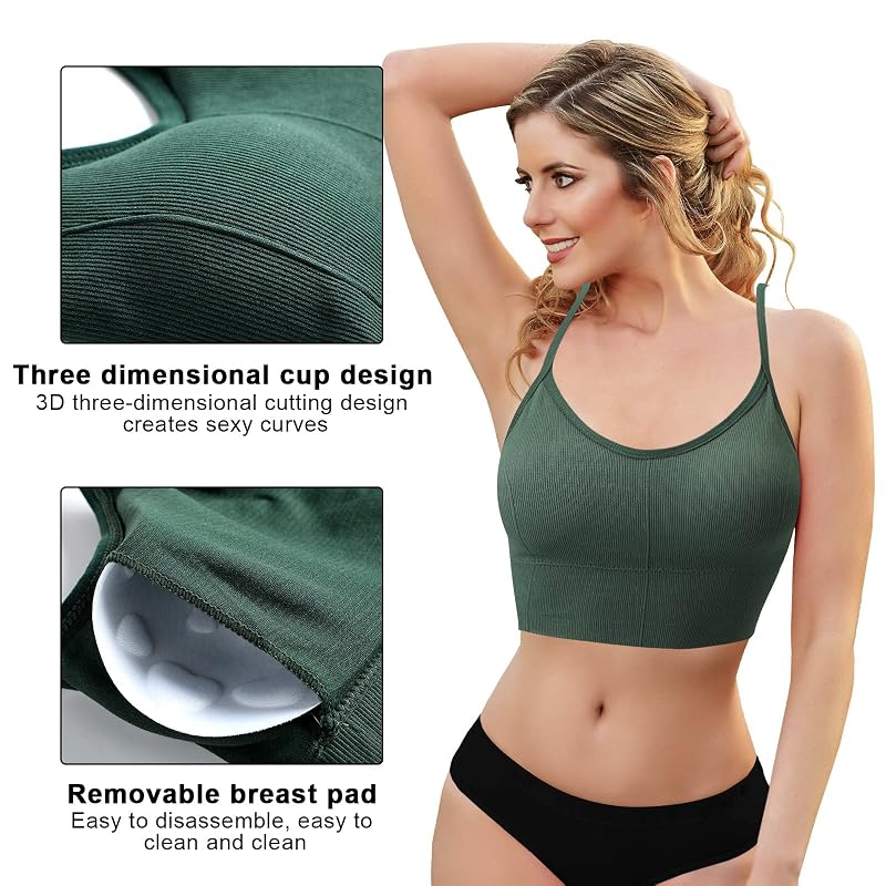 8-Pack Sports Bras Low Back Seamless Camisole Set with Adjustable Straps - Variety Colors (Black, Khaki, White, Gray, Yellow, Orange, Green, Dark Green)