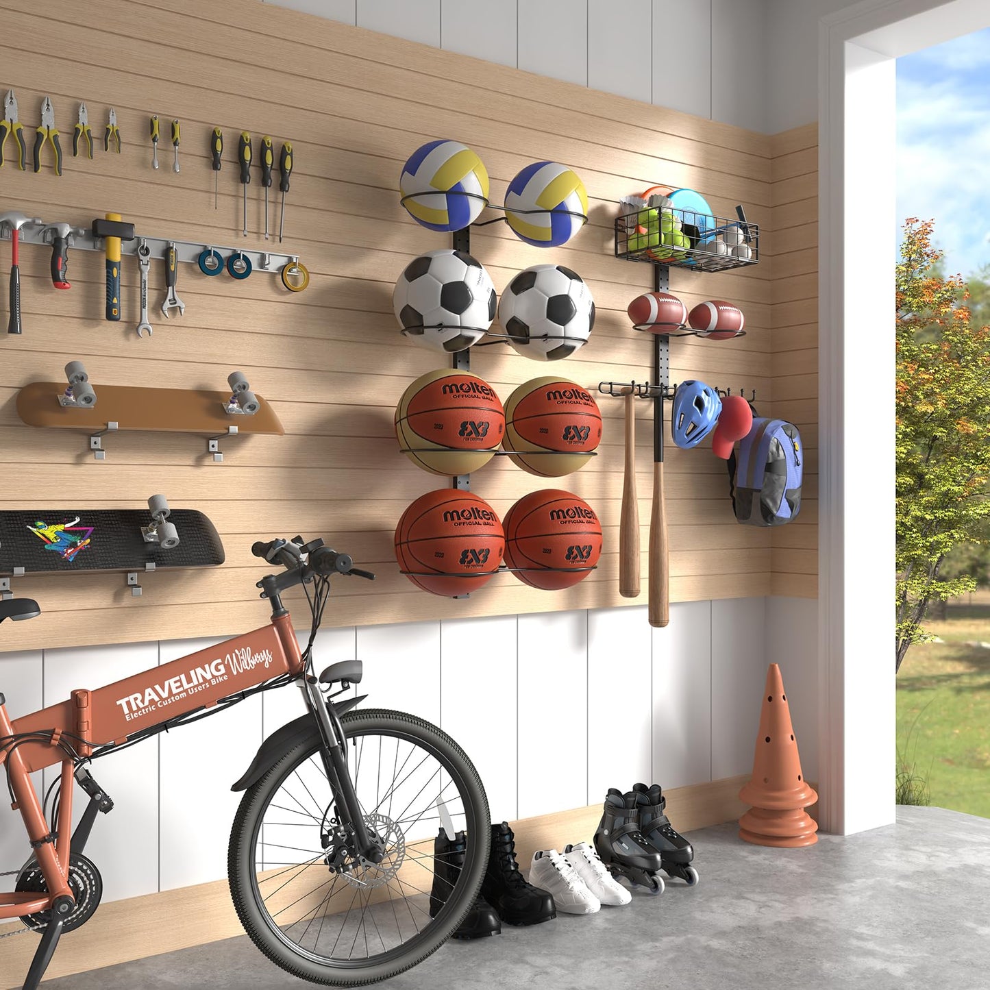 Feyejade 7 Tier Ball Holder Wall Mount:Detachable Wall Mounted Basketball Rack,10 Balls Vertical/Horizontal DIY with Hooks for Basketball Soccer Ball Volleyball Baseball Storage Display