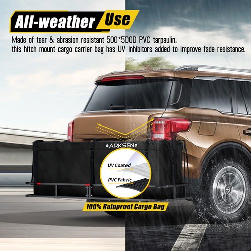 ARKSEN Hitch Cargo Carrier Bag, Waterproof 18.8 Cubic Feet Large Capacity Luggage Storage (58" L x 24" W x 24" H) Fits 60" x 24" Baskets for Car Truck SUV RV or Trailer