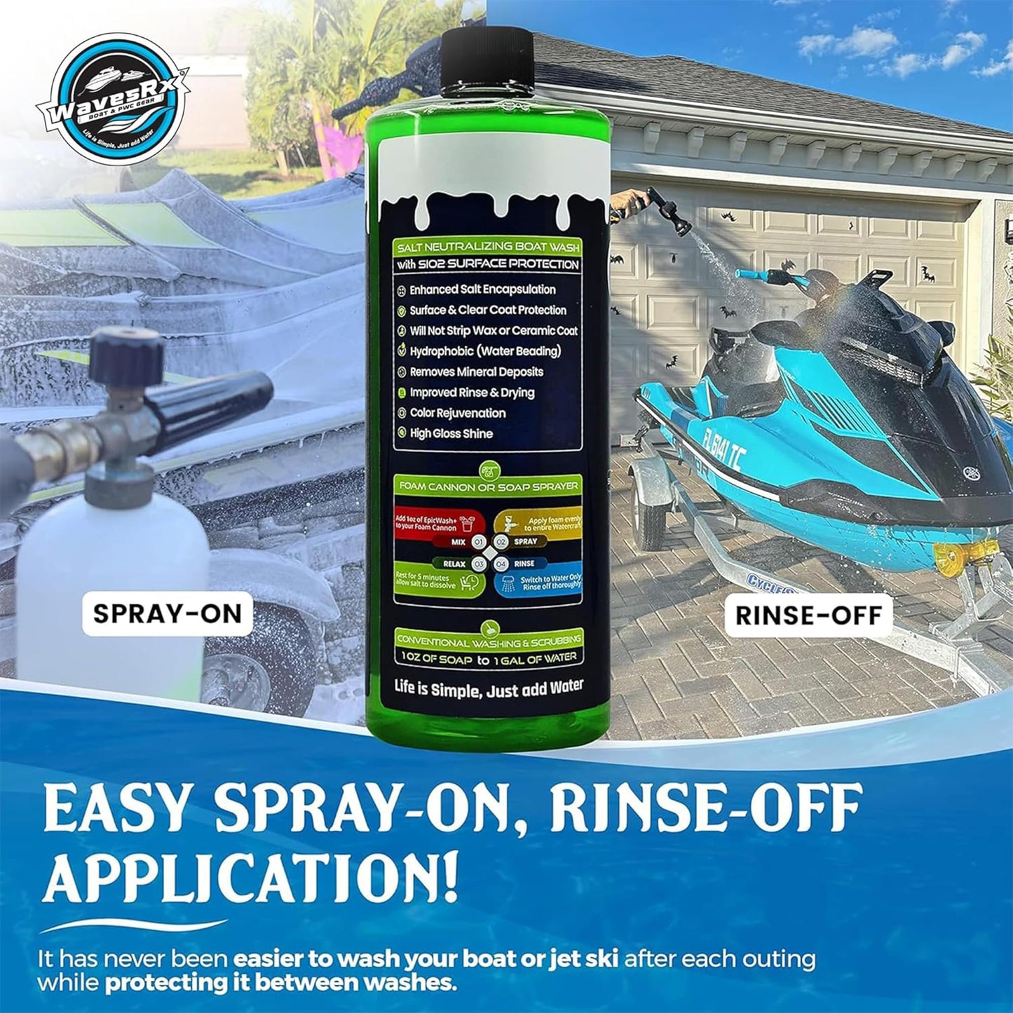 WavesRx Salt Neutralizing Boat Soap & Jet Ski Wash with SiO2 Surface Protection (EpicWash+) | Marine Grade Cleaner Removes Salt & Contaminants | Protective Ceramic Coating Prevents Buildup & UV Damage