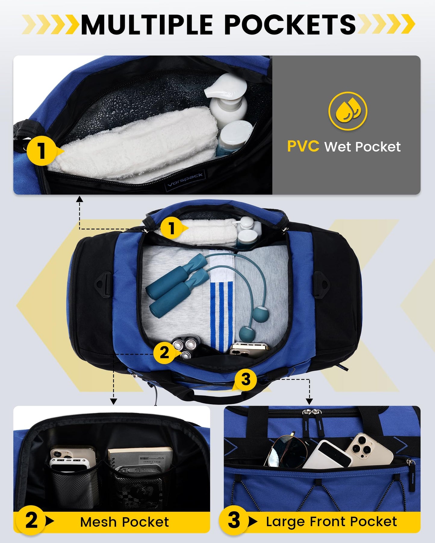 Vorspack Gym Bag for Men - 21 Inches Duffle Bag for Travel Water-resistant Travel Bag with Shoe Compartment Wet Pocket Duffel Bag for Gym Sports Travel Weekender Overnight - Blue