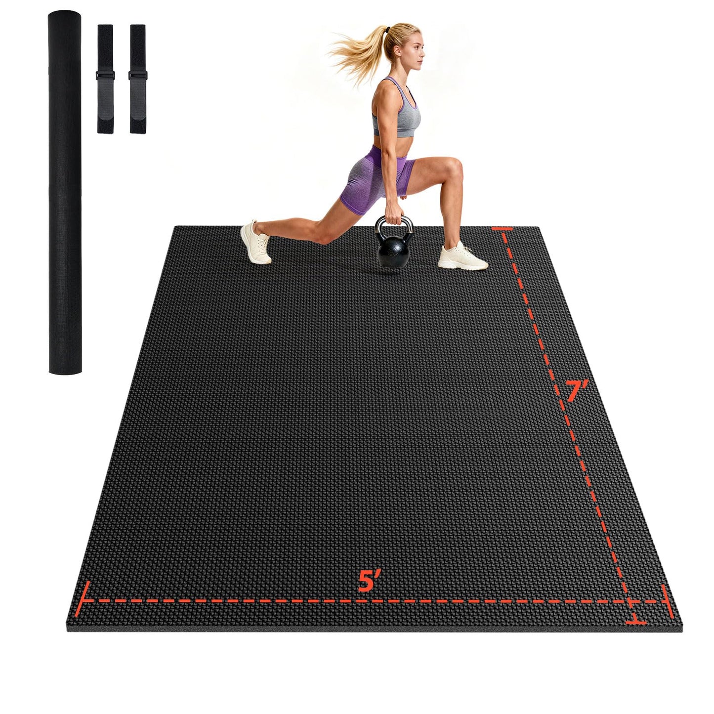 Stepwaver Extra Large Exercise Mat, 7'x5' (7mm) Extra Thick Workout Mats for Home Gym Flooring, Non-Slip, Ultra Durable, High-Density Gym Mat for Cardio,Yoga, Jump Rope, MMA, Weights - Black