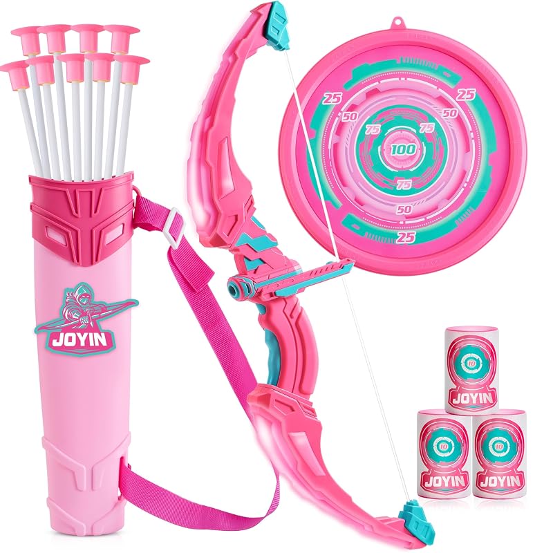 Pink Bow and Arrow Set for Girls with LED Light-Up Bow, 9 Suction Arrows, Target & Case – Indoor/Outdoor Play (Variation: Pink)