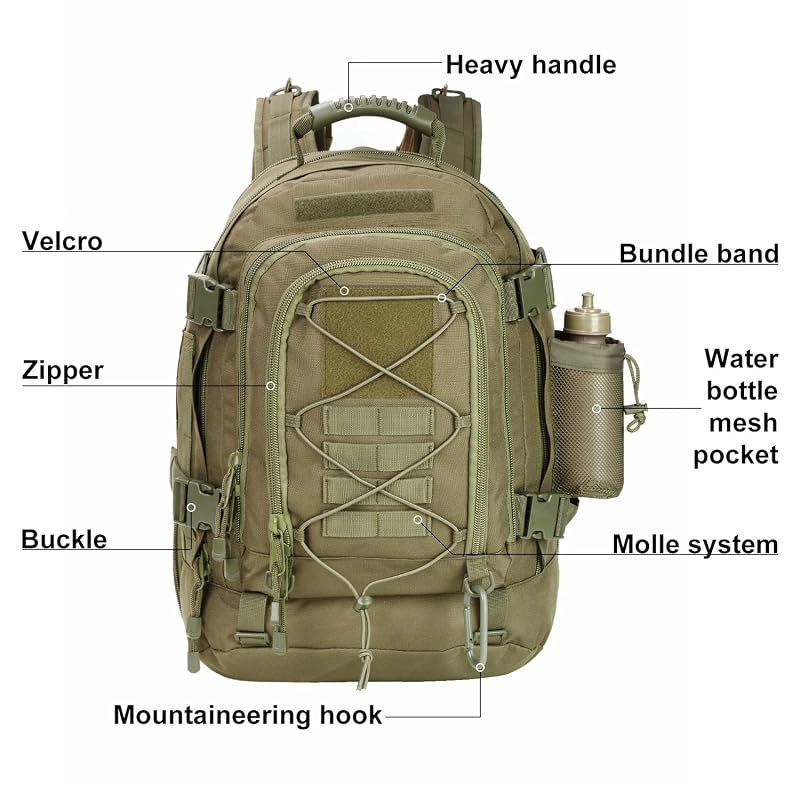 Large 64L Tactical Backpack for Men with MOLLE System - Expandable Army Backpack, Green
