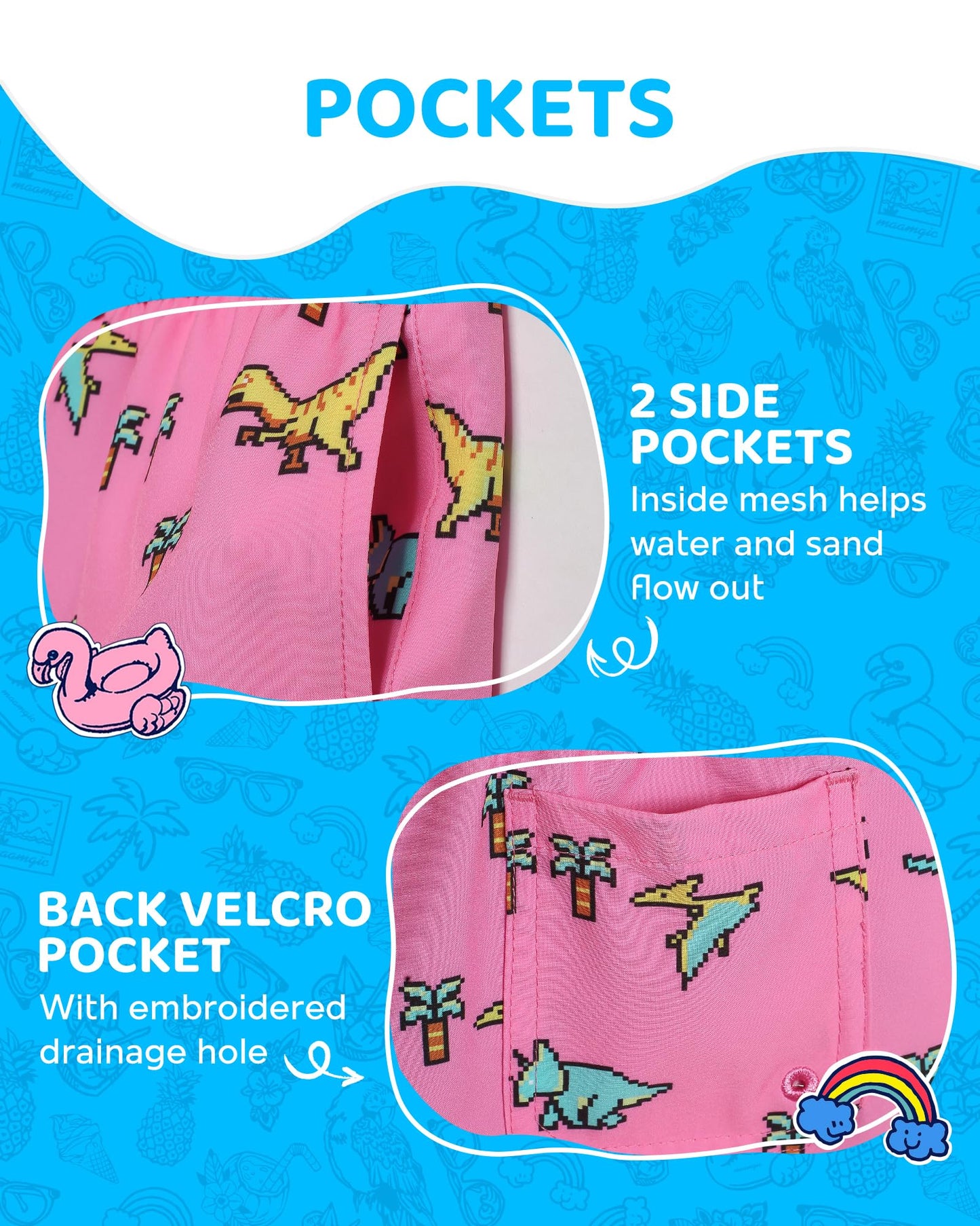 maamgic Boys Swim Trunks with Compression Liner 4-Way Stretch Quick Dry Swim Shorts Swimming Trunks Toddler Boy Dinosaur Pink 10-12 Years