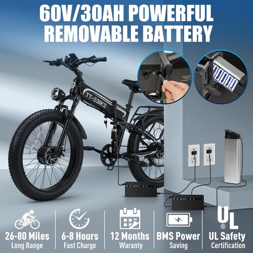 TT-EBIKE 5000W Dual Motor Folding Electric Bike Adults 42MPH with 60V 30AH Battery, 26x4 Fat Tire All Terrain Ebikes, Full Suspension E Bike, SHM 7-Speed Gear Electric Bicycle（63V）