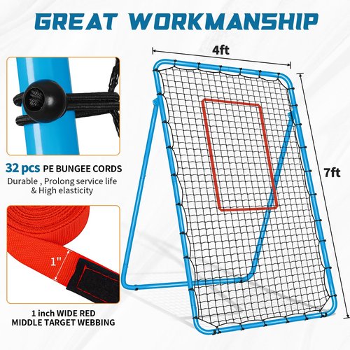 Adjustable Volleyball Rebounder Net 7x4 ft with PU Volleyball and Stakes - Bounce Back Training Equipment for Practicing Volleying, Bumping, Spiking, Easy Set Up & Steady for Multi Sports (Blue)