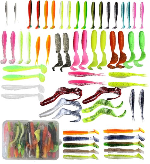 Soft Fishing Lures Set with Tackle Box, 6.5cm/8cm Paddle Tail Swimbaits, 60PCS Soft Plastic Baits with Curly Tails, Freshwater Fishing Lures for Bass, Trout, and More