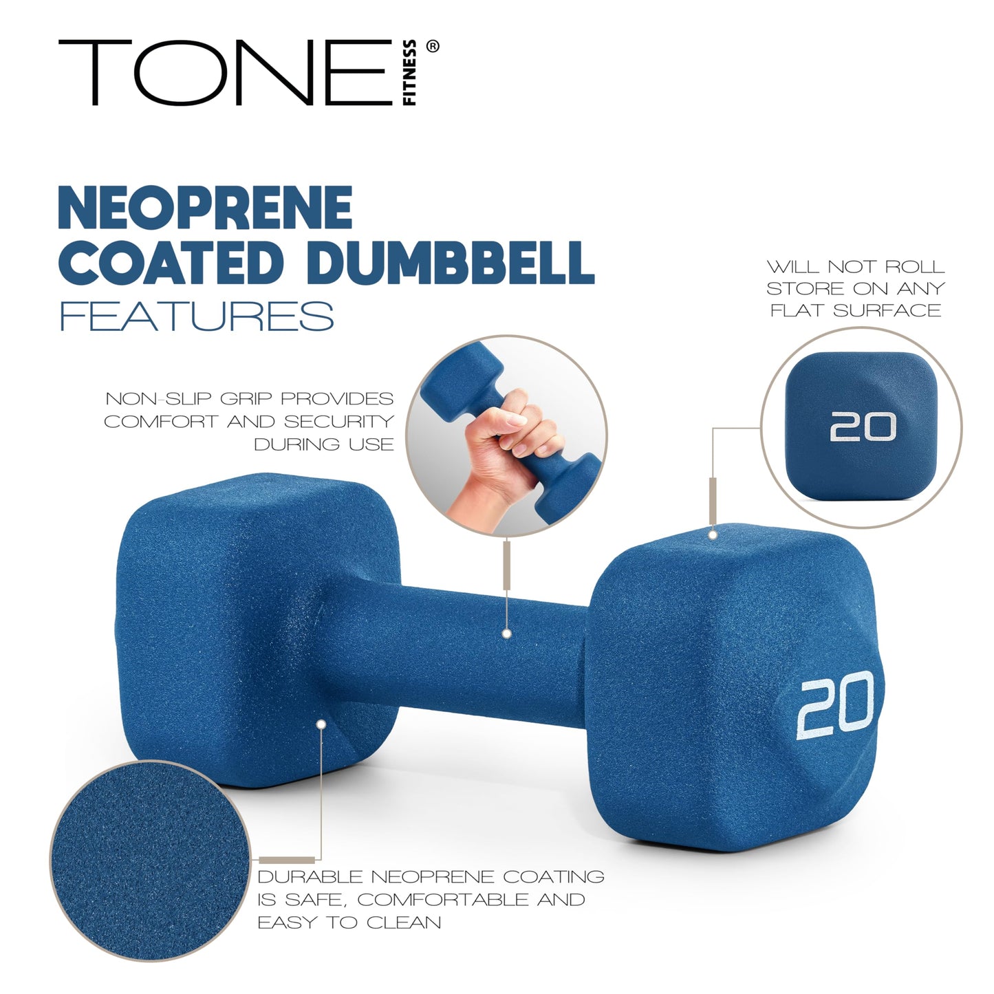 Tone Fitness 20 lb Neoprene Dumbbell Pair for Home Workouts – Non-Slip Design - Blue