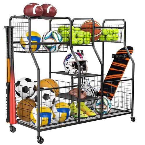 LUMAMU Garage Sports Equipment Organizer, Ball Storage Rack, Garage Organizer System, Indoor/Outdoor Sports Rack, Sports Gear Storage Rack for Basketballs Footballs Volleyball, Black