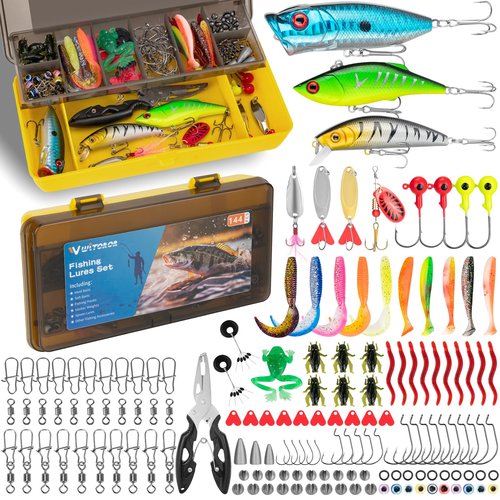 WITOROR Fishing Lures, 144Pcs Tackle Box Included Crankbaits, Spoon, Hooks, Jigs, Weights and More Other Accessories, Fishing Bait Lure Gear Teasers Kit Gifts for Men Bass Freshwater