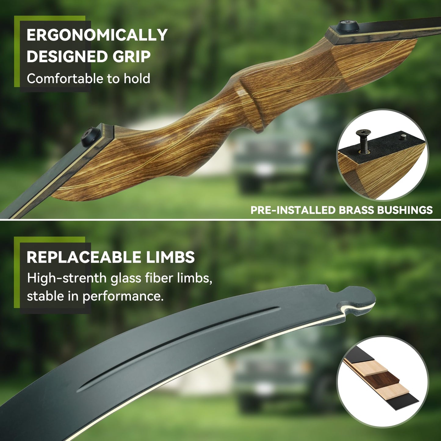 Black Hunter Recurve Bow and Arrow Set, GLURAK 60'' Wooden Takedown Recurve Bows Package, Archery Bow Kit for Target Practice and Hunting, Right Hand, 30LB