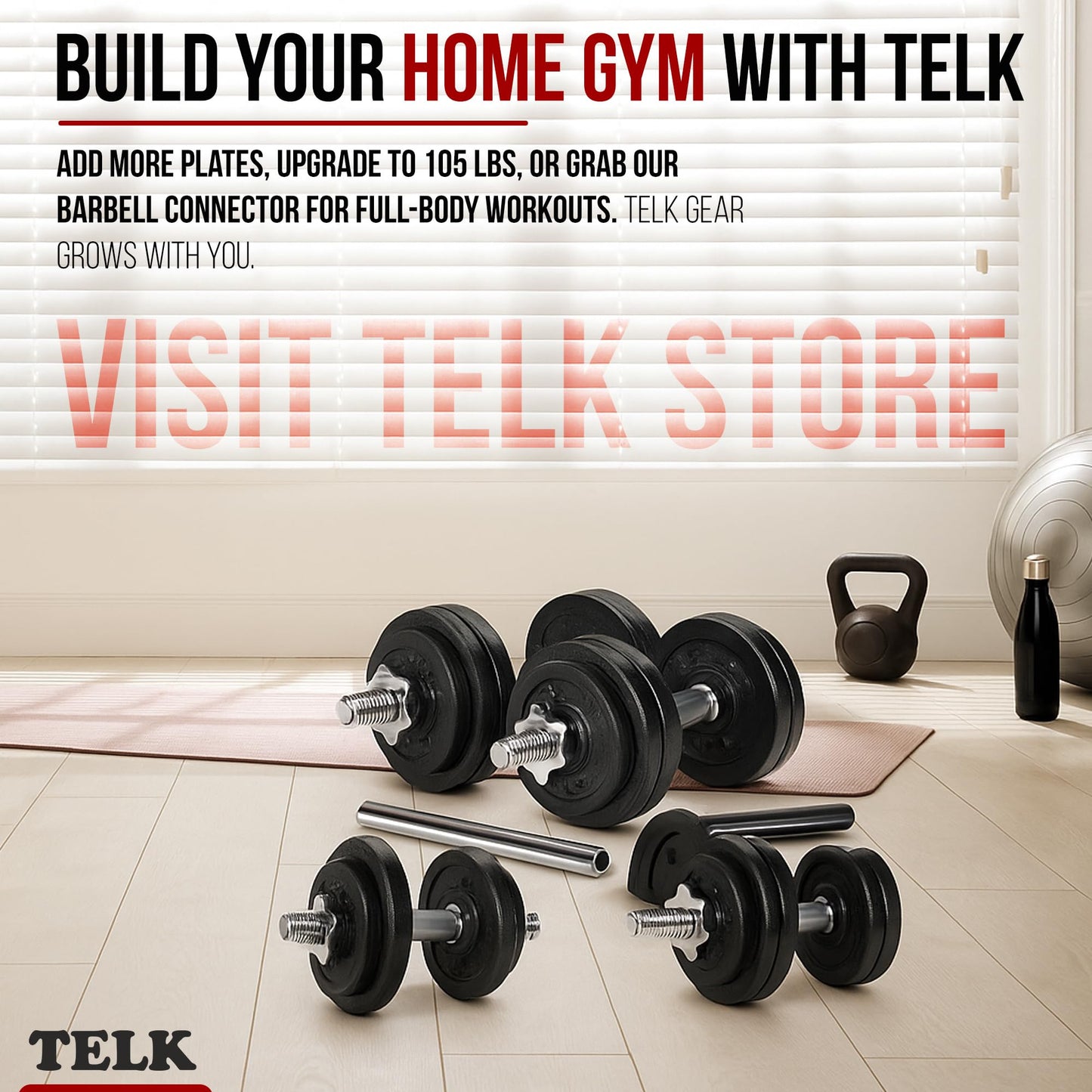 TELK – Adjustable Dumbbell Set 200 (100lb x 2) – Home Gym Weight Set with Baked Enamel Cast Iron Plates – Space-Saving Free Weights for Strength Training